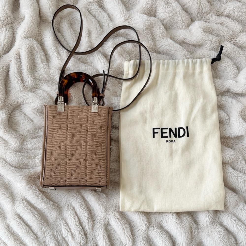 Fendi Mini Sunshine Shopper Brown FF Canvas Leather Trim Dust Bag Like New
